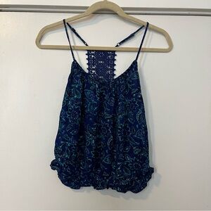 Forever 21 blue floral paisley crop top crochet racer back ruffle tank top large